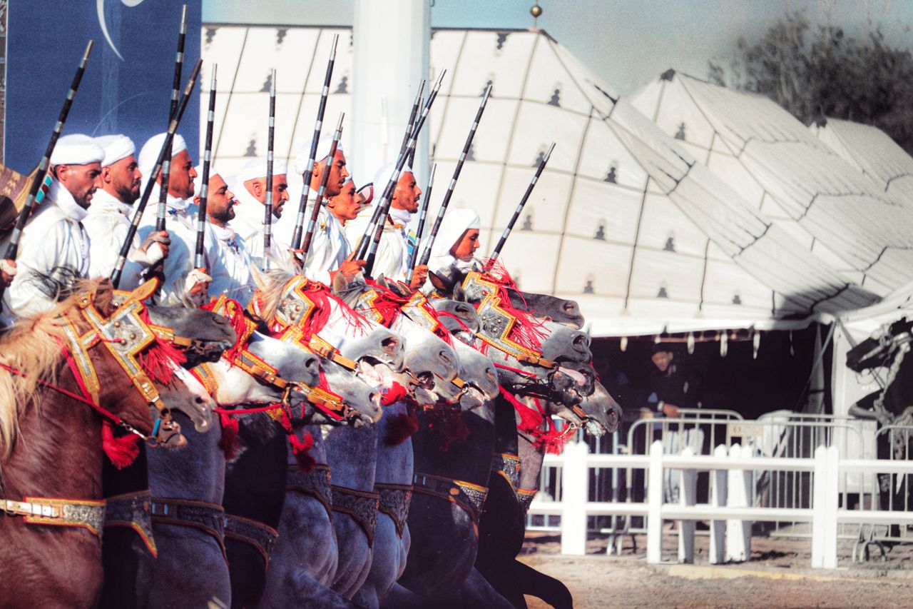 A group of men in traditional attire perform Fantasia with decorated horses in El Jadida, Morocco.